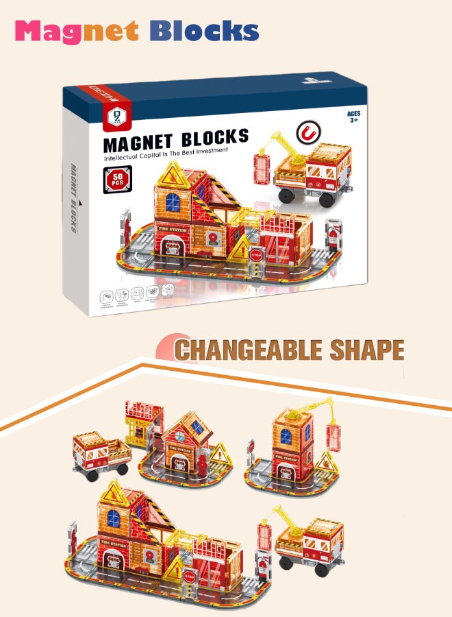 DEZHI 50Pcs of Firefighting Themed Magnetic Block, Magnetic Block Set That Can Be Assembled Into Fire Trucks, Rescue Vehicles, And Professional Themed Experience Sets, 3D Kids Building Blocks, Free Assembly of Buildings, Transportation Vehicles, Enhances The Ability of Logical Thinking for Your Kids. Theme Experience, Free Combination. - Image 1